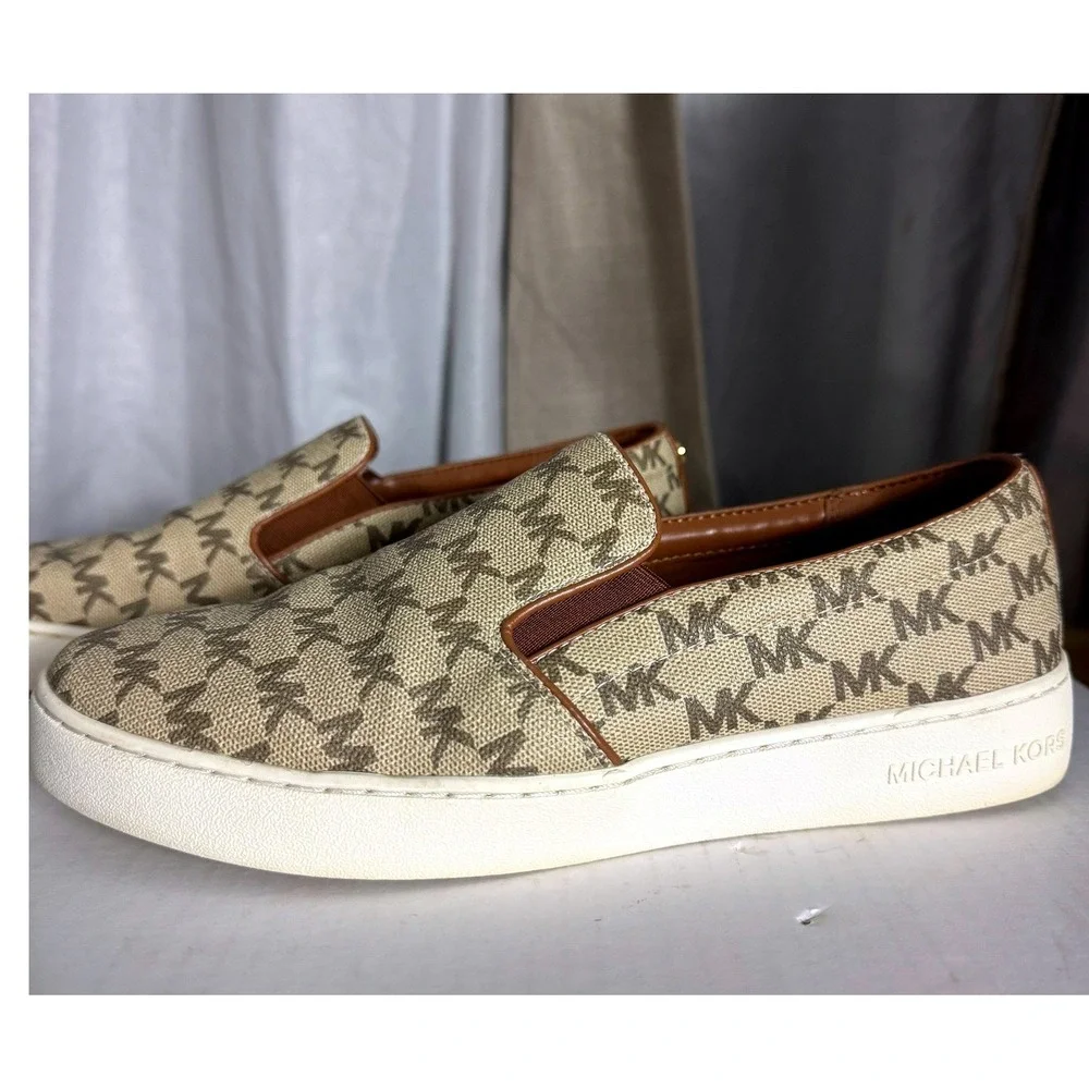 Michael Kors Womens MK Signature Logo Slip On Sneakers Tan Brown Sz 9
